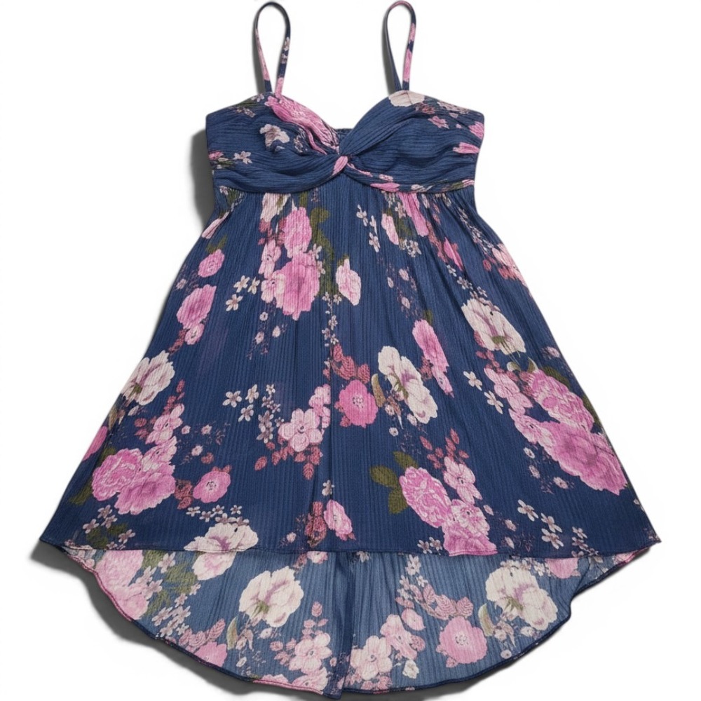 Free People Floral Pleated High-Low Mini Dress Navy Pink Size Large Boho